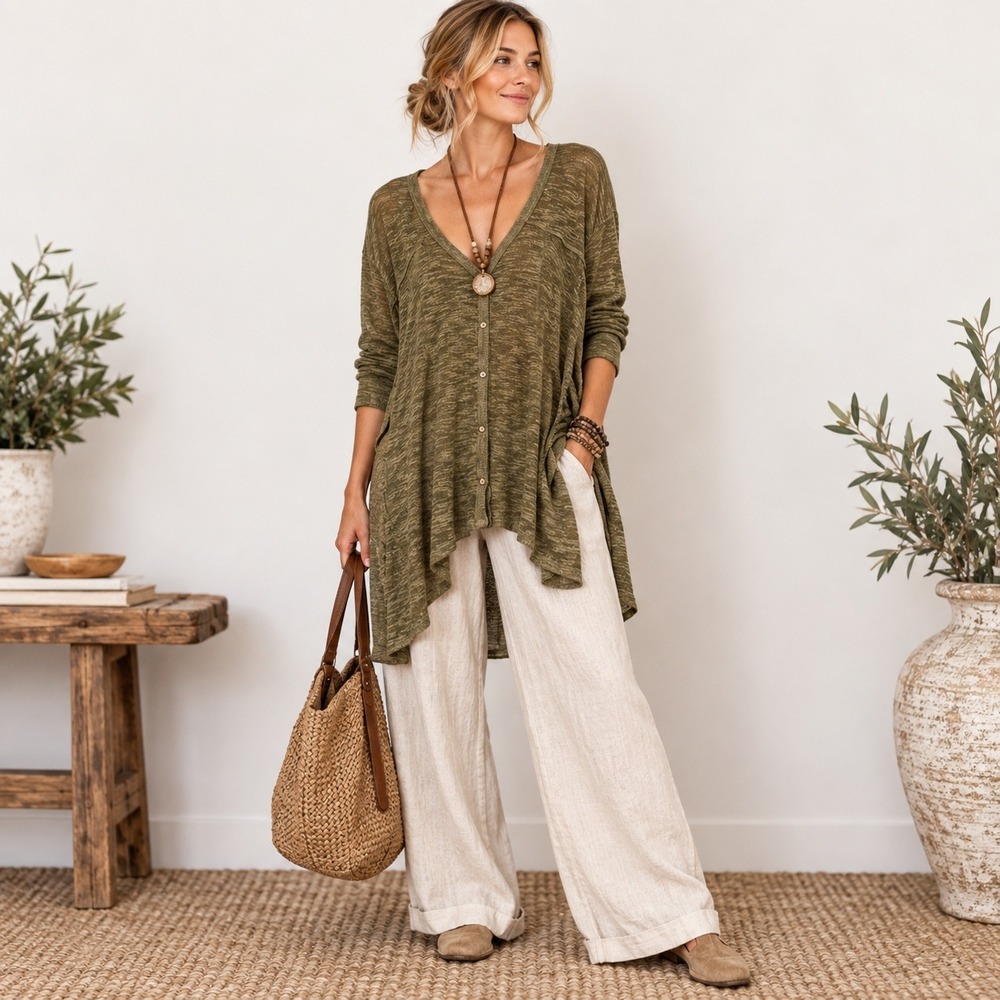 Altar'd State Boho Knit Tunic Cardigan Womens Size S Olive Green Lagnlook
